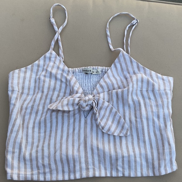 Tops - Abercrombie & Fitch, Tan/White Striped Knot-front Crop Top, Small